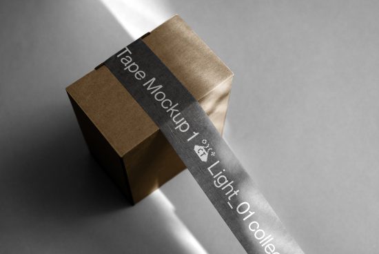 Cardboard box sealed with custom branded tape mockup on a gradient background for packaging design presentation.
